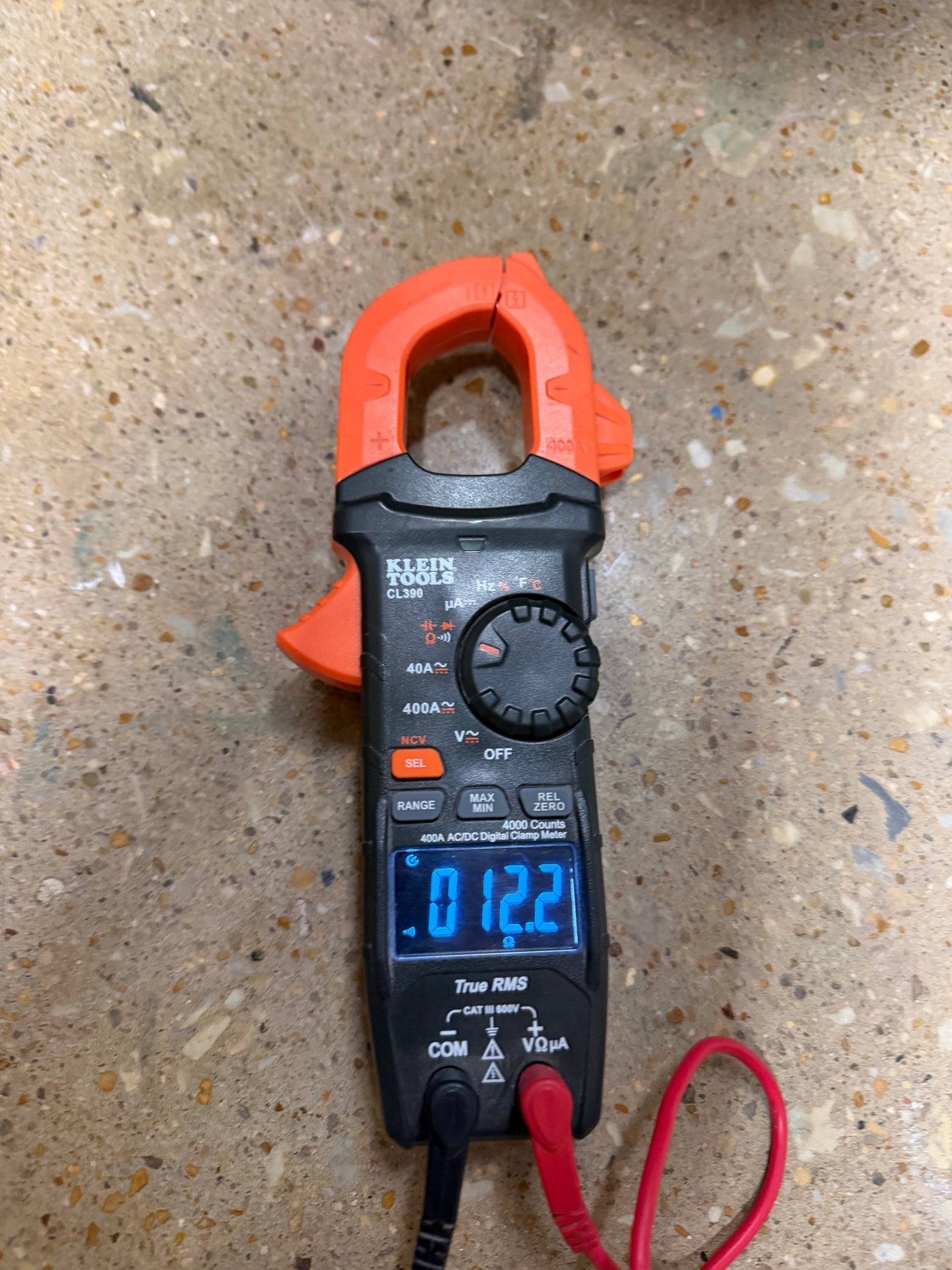 Klein Tools clamp meter used to test voltage before ordering an electric pottery kiln